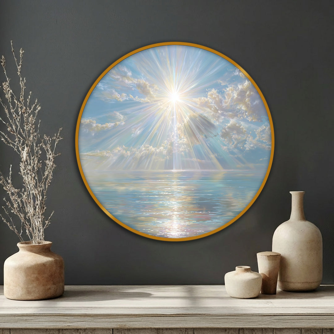 Light and shadow play across the framed canvas print of celestial sun rays, illuminating the calm sea with luminous reflections in this ocean wall art.
