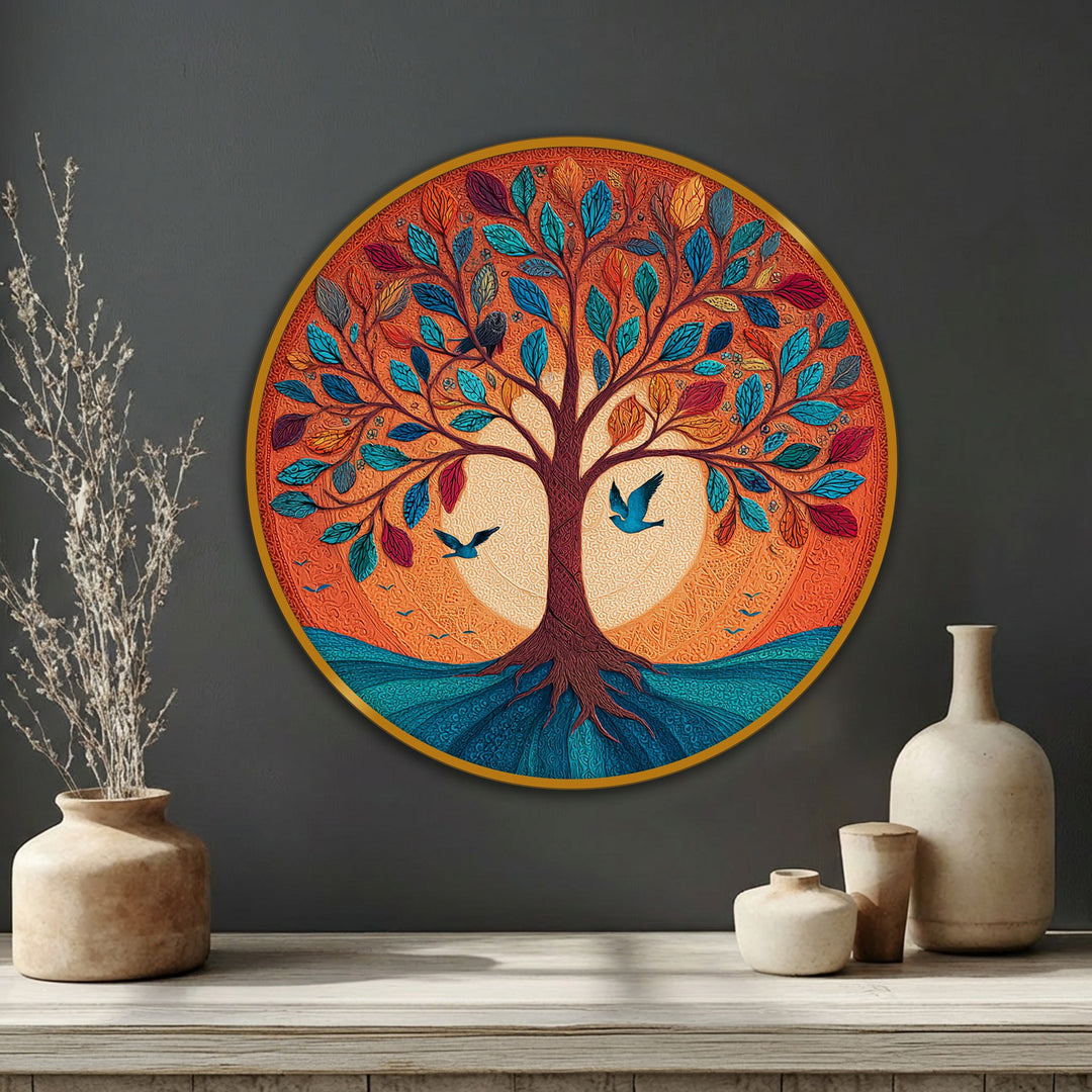 Contrasting turquoise and crimson hues define this vibrant tree of life round canvas art prints, creating a colorful nature scene with birds and a striking symbolic design.