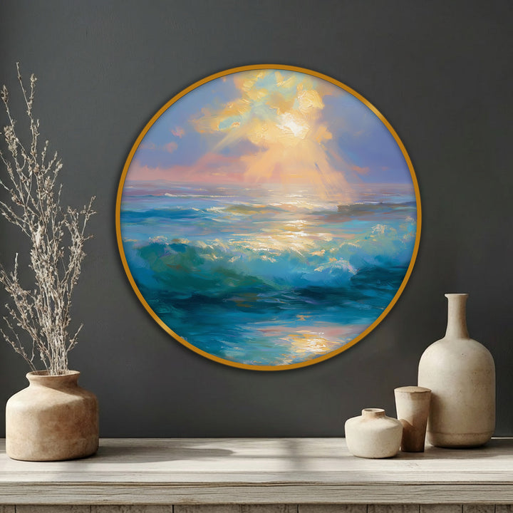 Central subject is a big canvas print featuring golden light reflecting on the turquoise ocean waves of a serene sunrise.