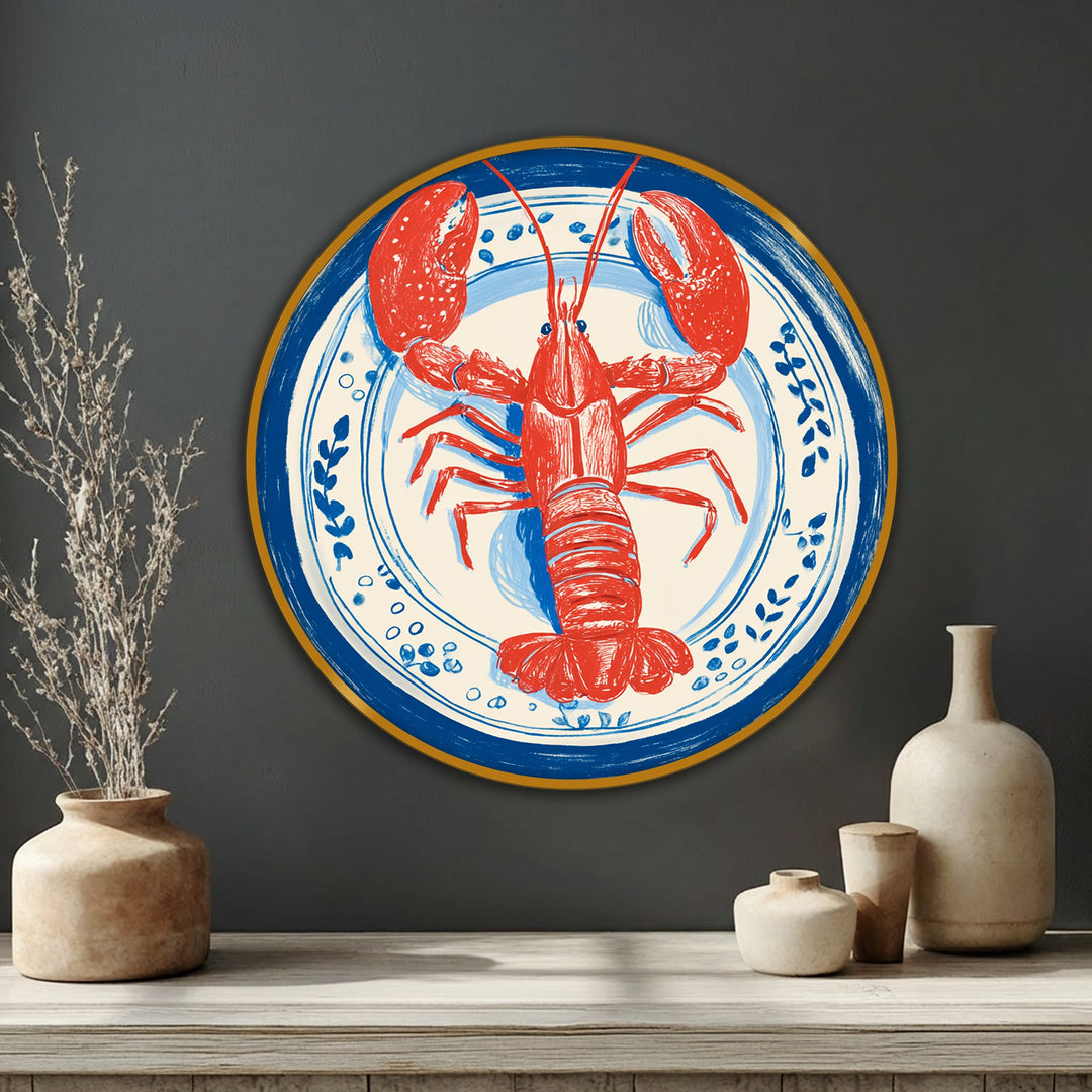Textured brushstrokes define the canvas painting of this round coastal kitchen wall art, featuring a vibrant red lobster on a stylized blue plate.