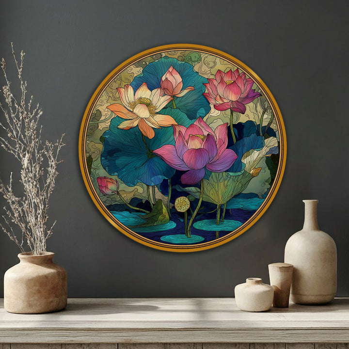 Stillness in the ornamental lotus garden is captured in this round canvas print, a decorative floral wall art piece showcasing the best canvas prints for a tranquil aesthetic.