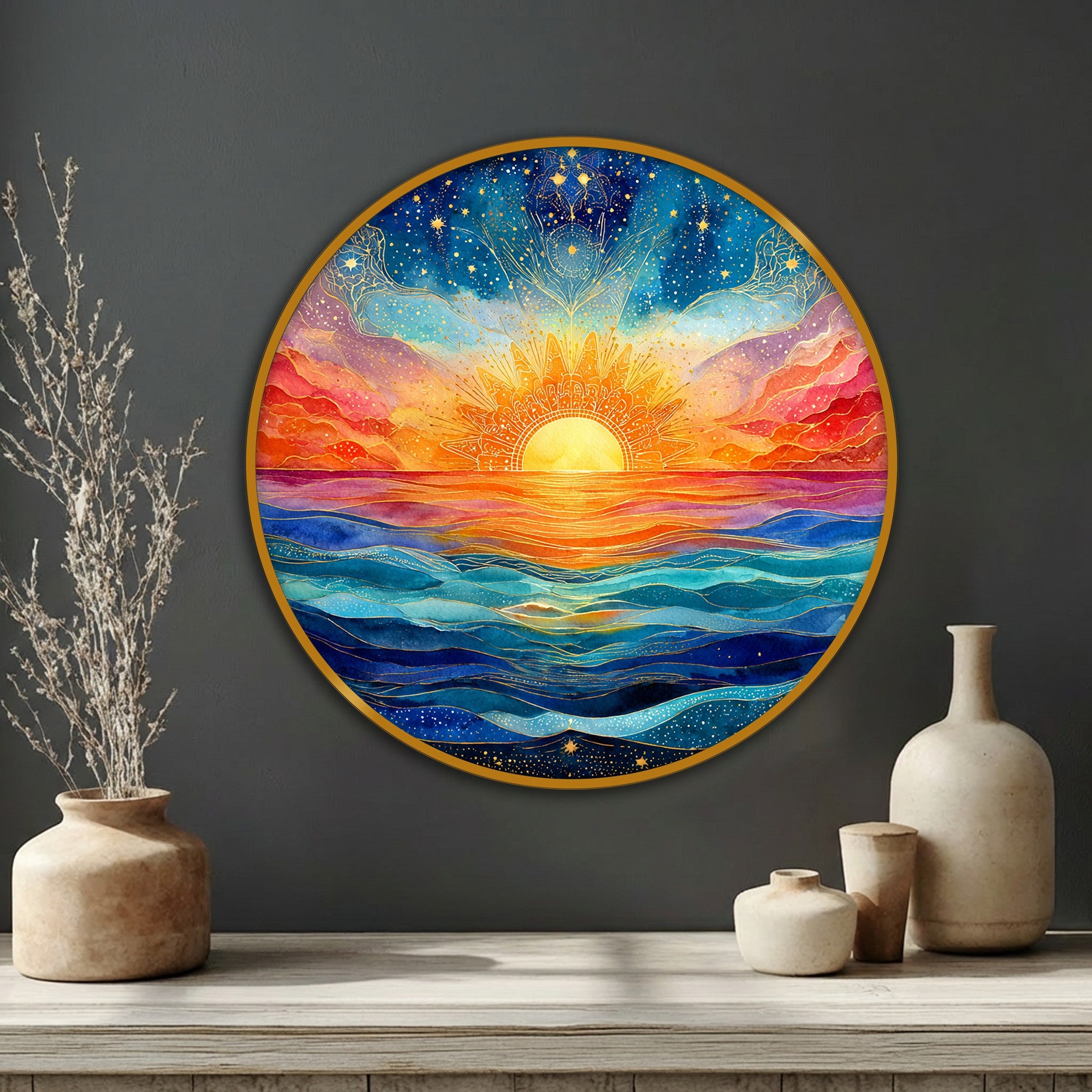 Mandala Ocean Sunrise Canvas Print Round – Celestial Wall Art