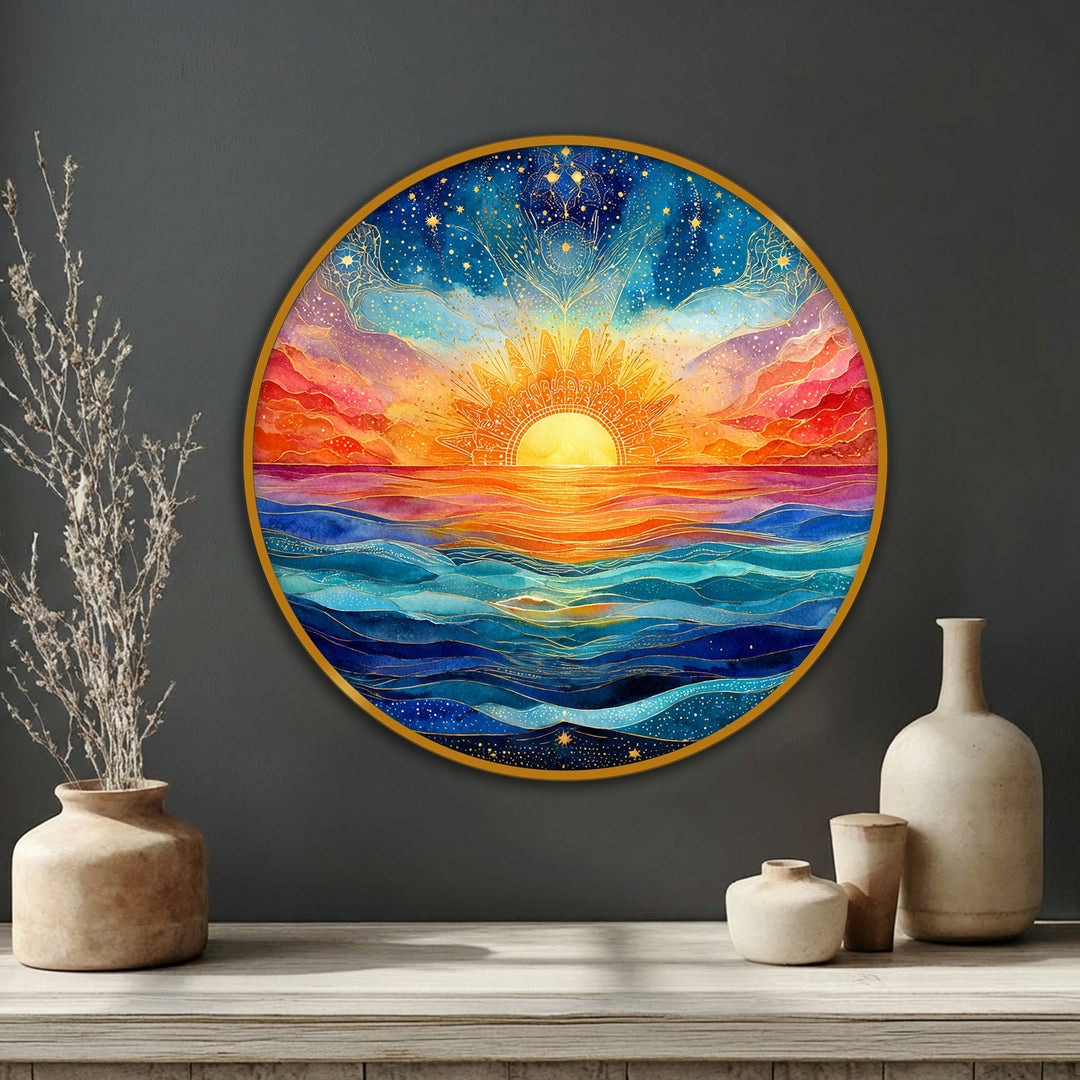 The negative space emphasizes the vibrant, spiritual sunrise over ocean design of this round canvas art prints, creating a captivating celestial seascape.