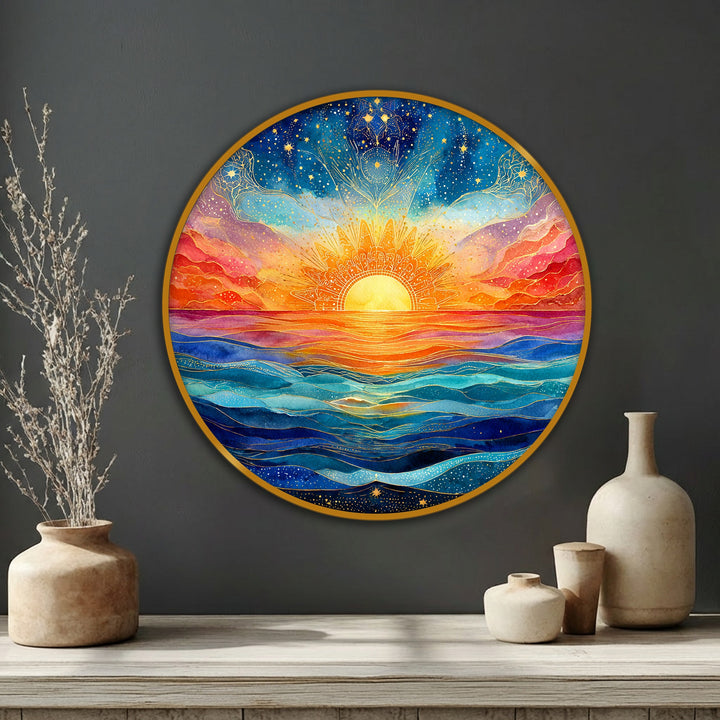 The negative space emphasizes the vibrant, spiritual sunrise over ocean design of this round canvas art prints, creating a captivating celestial seascape.