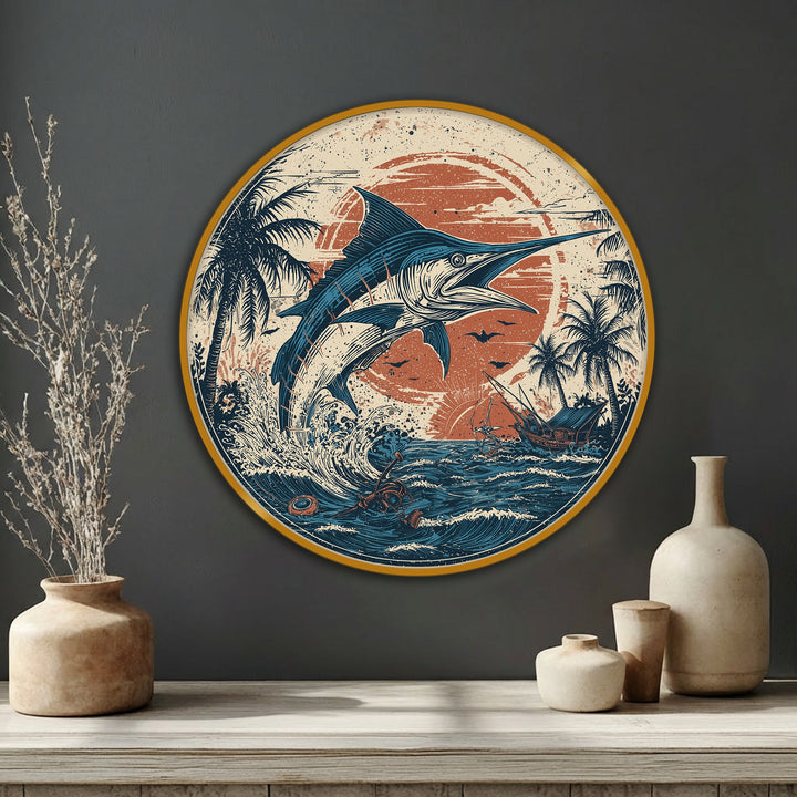 Bold color contrast defines this vintage marlin ocean scene round canvas print, a striking piece of canvas wall decor featuring a jumping marlin and retro sunset.