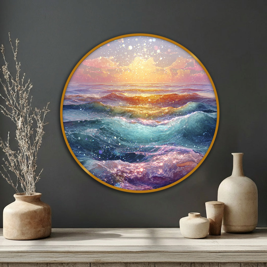 Set against a matte grey backdrop, the best canvas prints showcase a golden-framed round canvas art featuring radiant ocean waves and a glowing sunset.