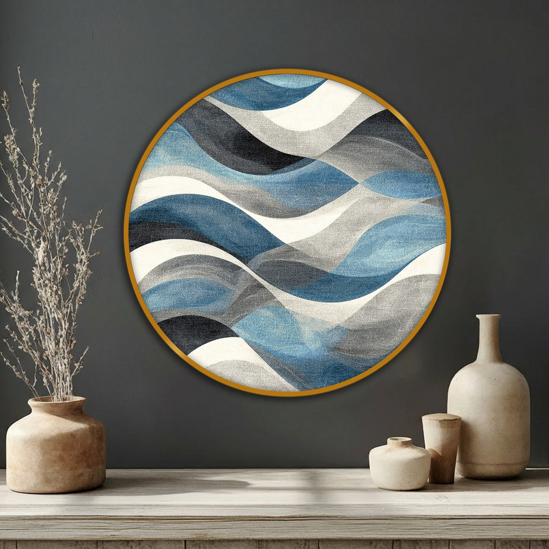 Calming flowing lines create a peaceful mood in this round canvas pictures print featuring an abstract blue wave design that brings modern coastal wall art to life.