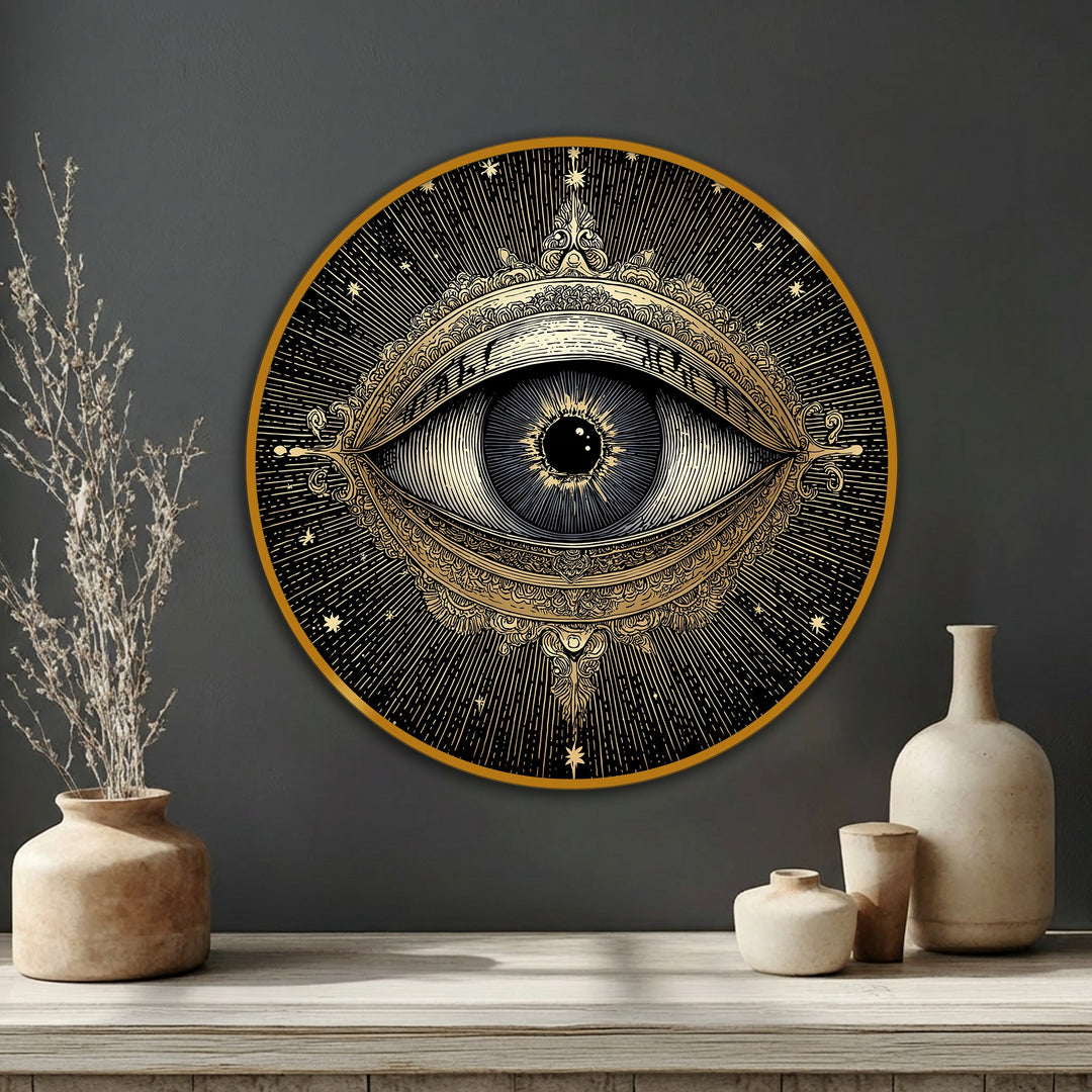 Shadows accentuate the intricate details of this golden mystic eye celestial wall art, a vintage-inspired framed canvas print that captures light with its unique design.