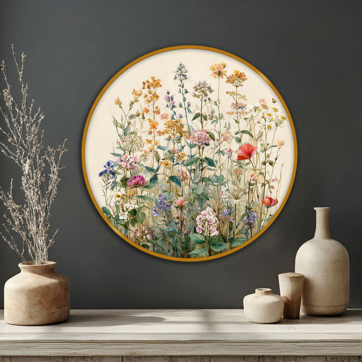 Featuring the edge and borders of the round wildflower meadow canvas print, this premium canvas decor boasts a soft botanical design within a clean, golden-toned frame.