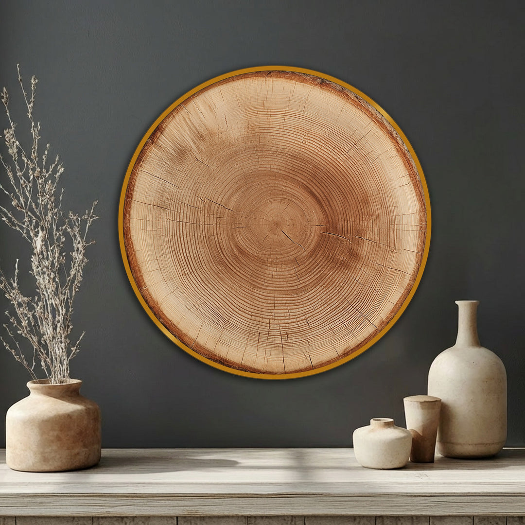 Transitional hues highlight the framed canvas of the rustic tree trunk wall art, with its wood ring design showcasing the graduation of earthy tones.