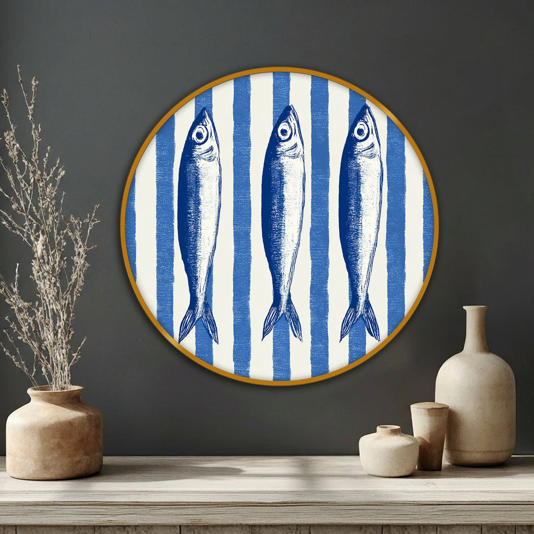 Textured surface of the nautical striped canvas wall decor enhances the coastal fish illustration round canvas print with a tactile, artistic quality.