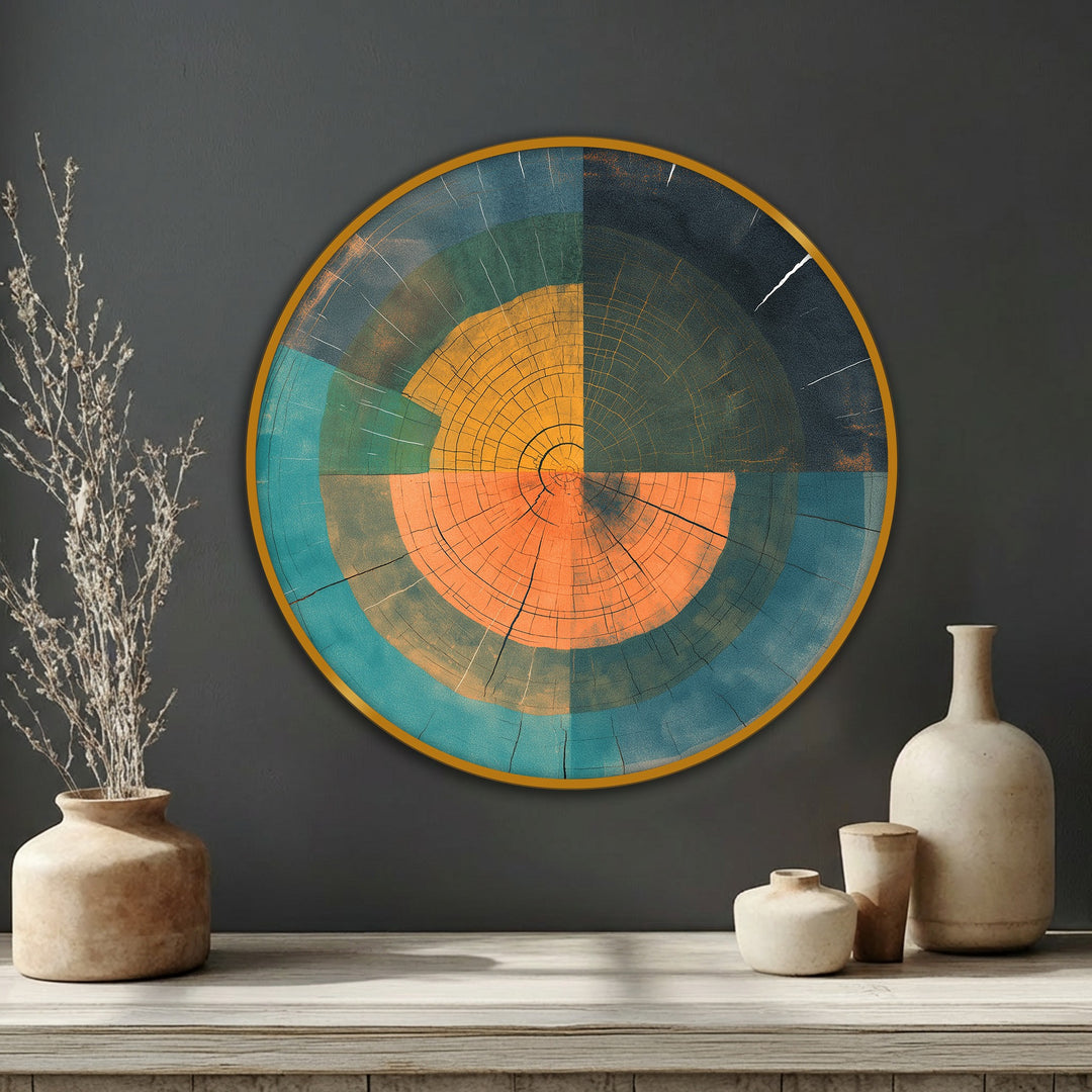 Boldly framed in gold, the abstract wood ring geometry round canvas wall art print is a captivating rustic canvas wall art piece due to its eye-catching orange section.