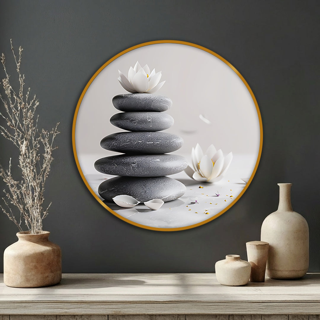 Subtle transitions in tone highlight the stacked stones and lotus flower in this round canvas print, creating big canvas prints for a minimalist spa wall art piece.