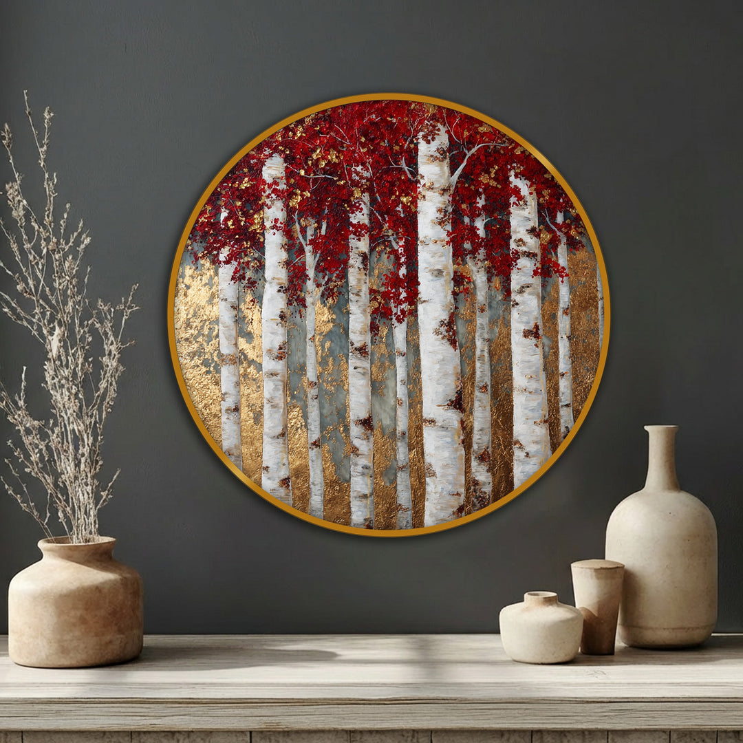 Golden Birch Forest Round Canvas Print – Red Leaves Nature Wall Art