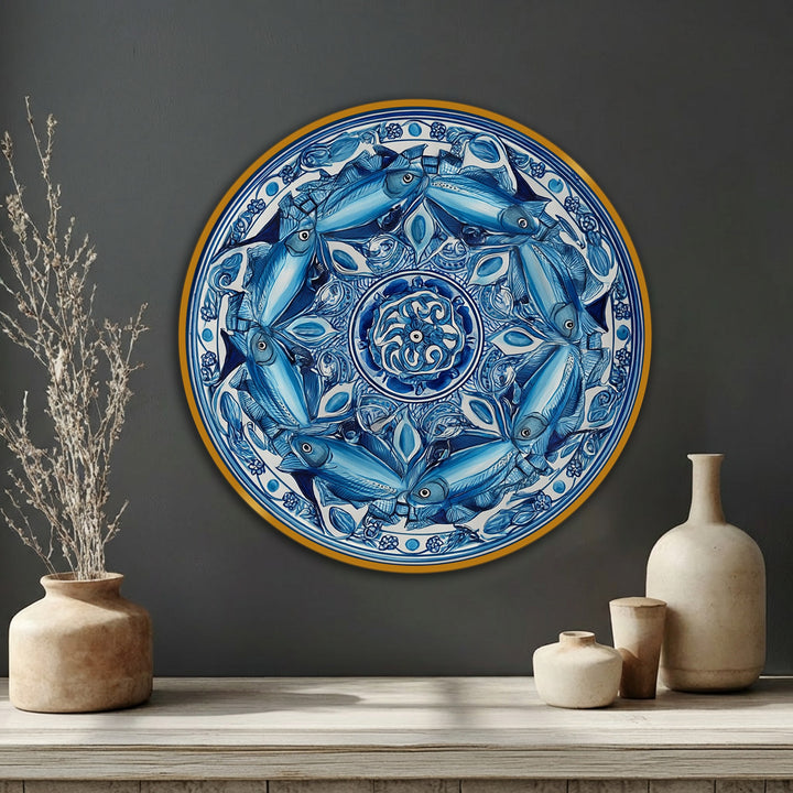 Organic forms create a mesmerizing mandala on this blue fish round canvas art print, a decorative coastal piece showcasing flowing shapes and intricate patterns.