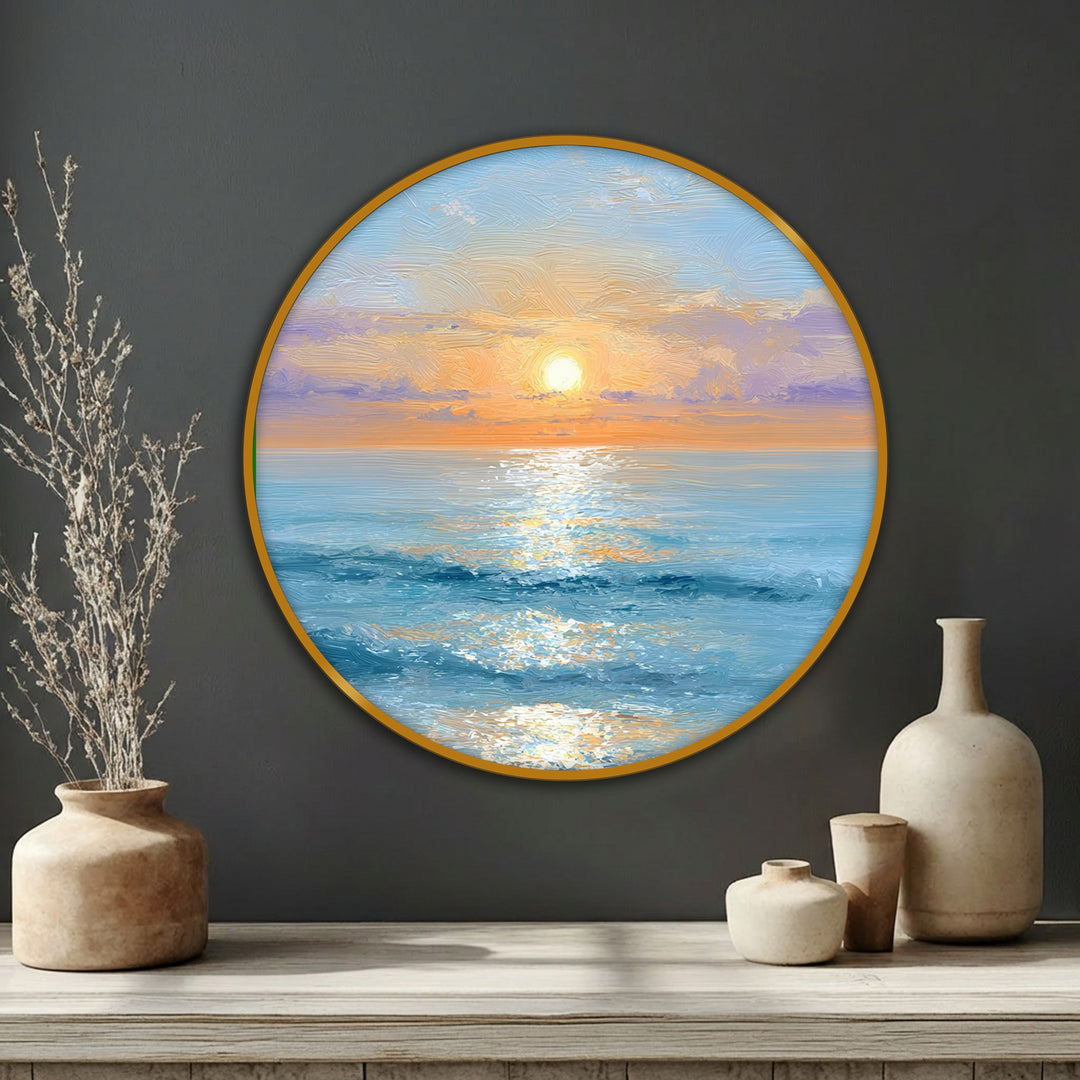 Focusing on the abstract quality, the golden sunrise over the ocean in this round canvas painting offers serene abstraction with gentle strokes bringing coastal warmth as stunning wall art.