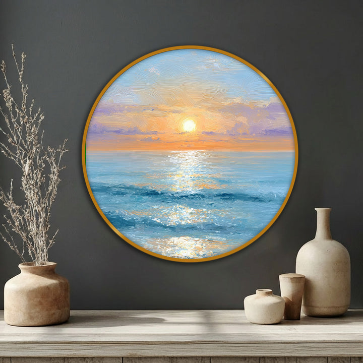 Focusing on the abstract quality, the golden sunrise over the ocean in this round canvas painting offers serene abstraction with gentle strokes bringing coastal warmth as stunning wall art.