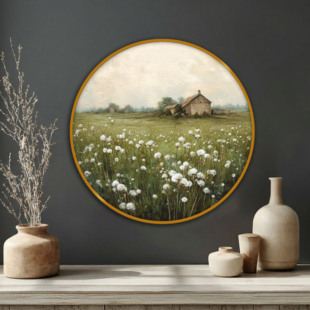 Gentle gusts seem to animate the meadow in this round canvas painting, where white wildflowers sway around the rustic barn in a dance of nature.