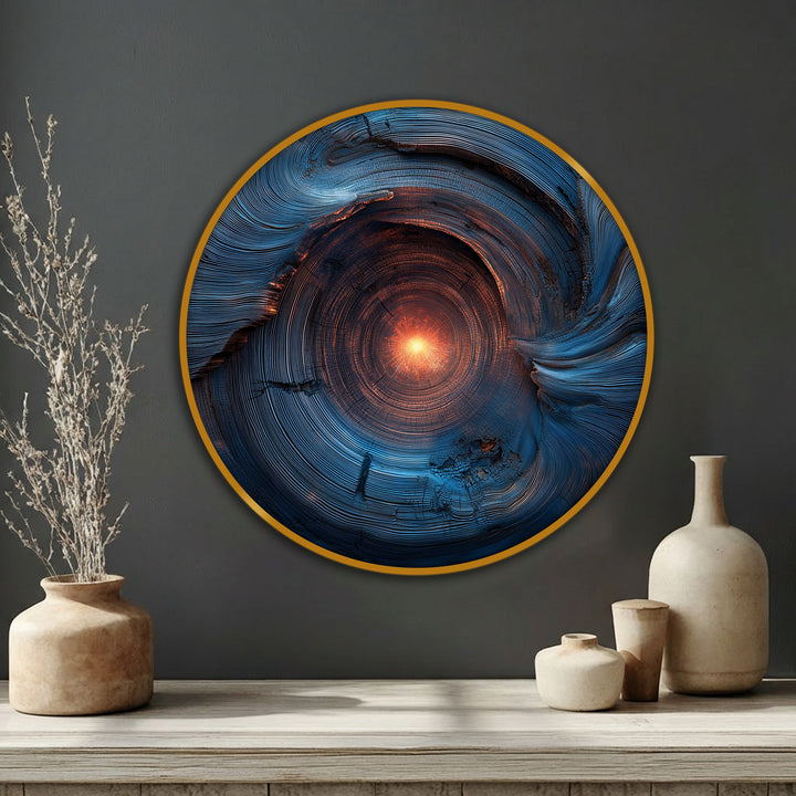 Foreground details highlight the texture of this round, energy-inspired canvas artwork, a modern abstract print with a radiant core.