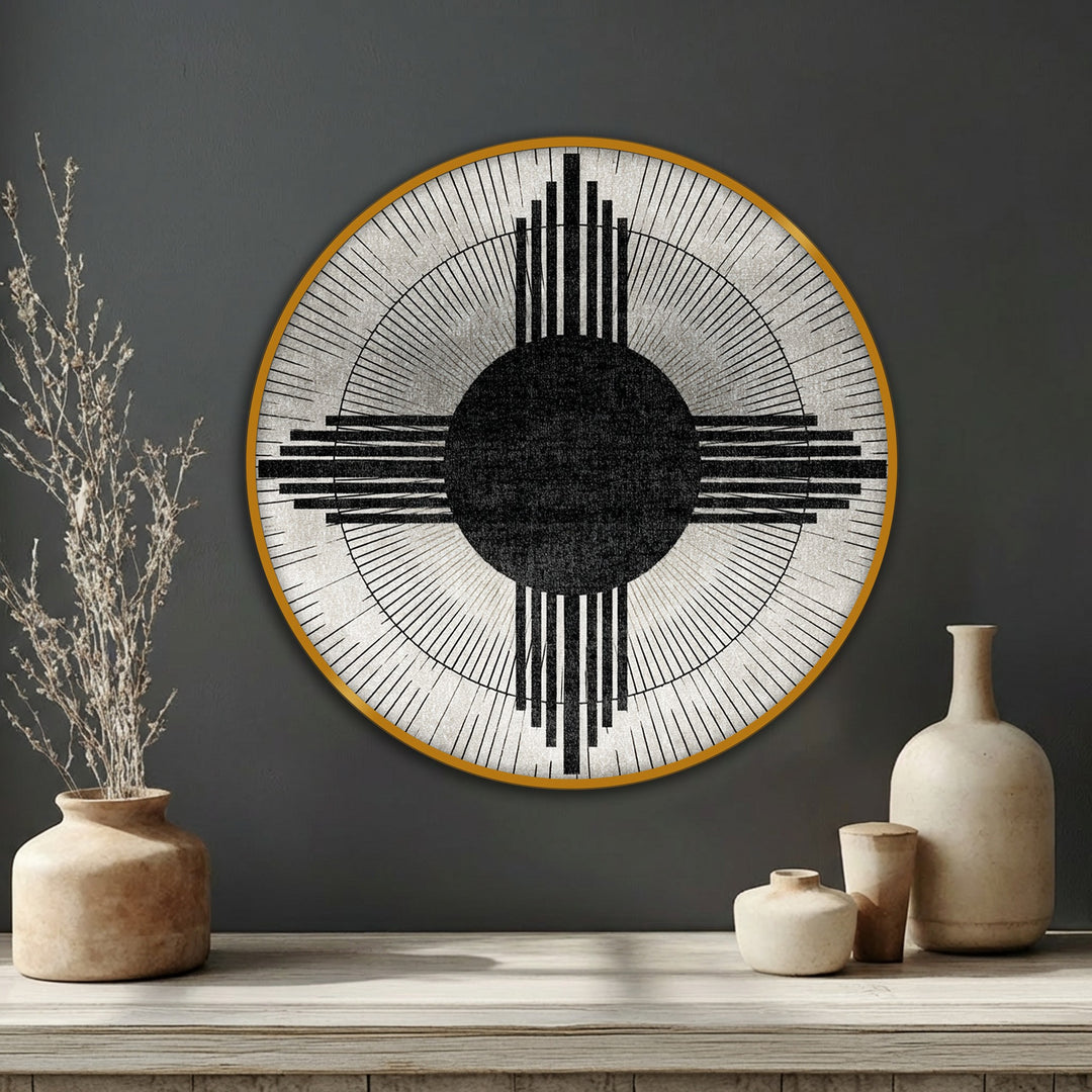 A peaceful mood emanates from this minimalist black and white geometric sunburst circle abstract canvas art, a striking piece of contemporary canvas art.