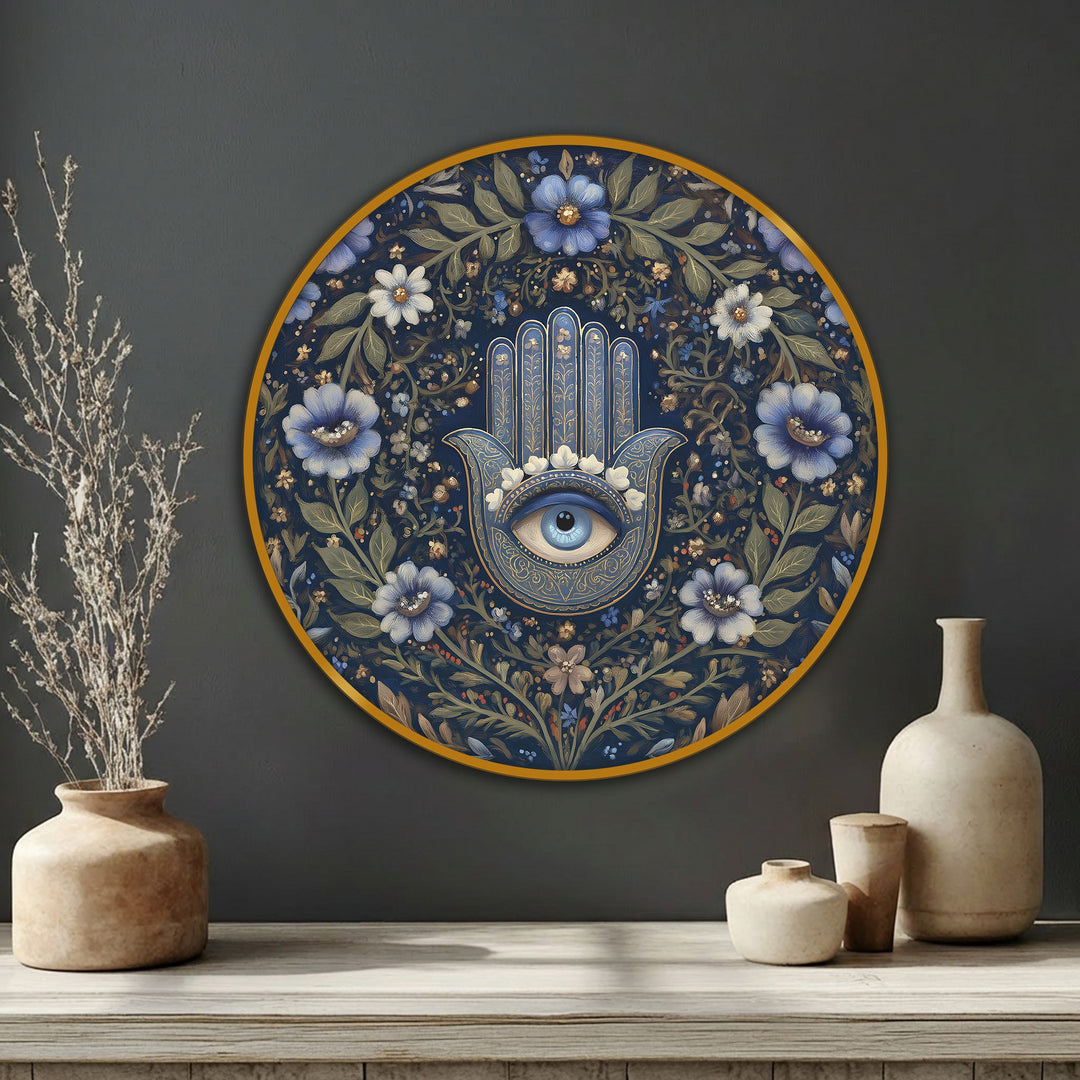 Showcasing the realistic detail, this floral Hamsa eye round print is a beautiful hanging canvas, offering elegant spiritual botanical wall art with a vibrant, high-quality finish.