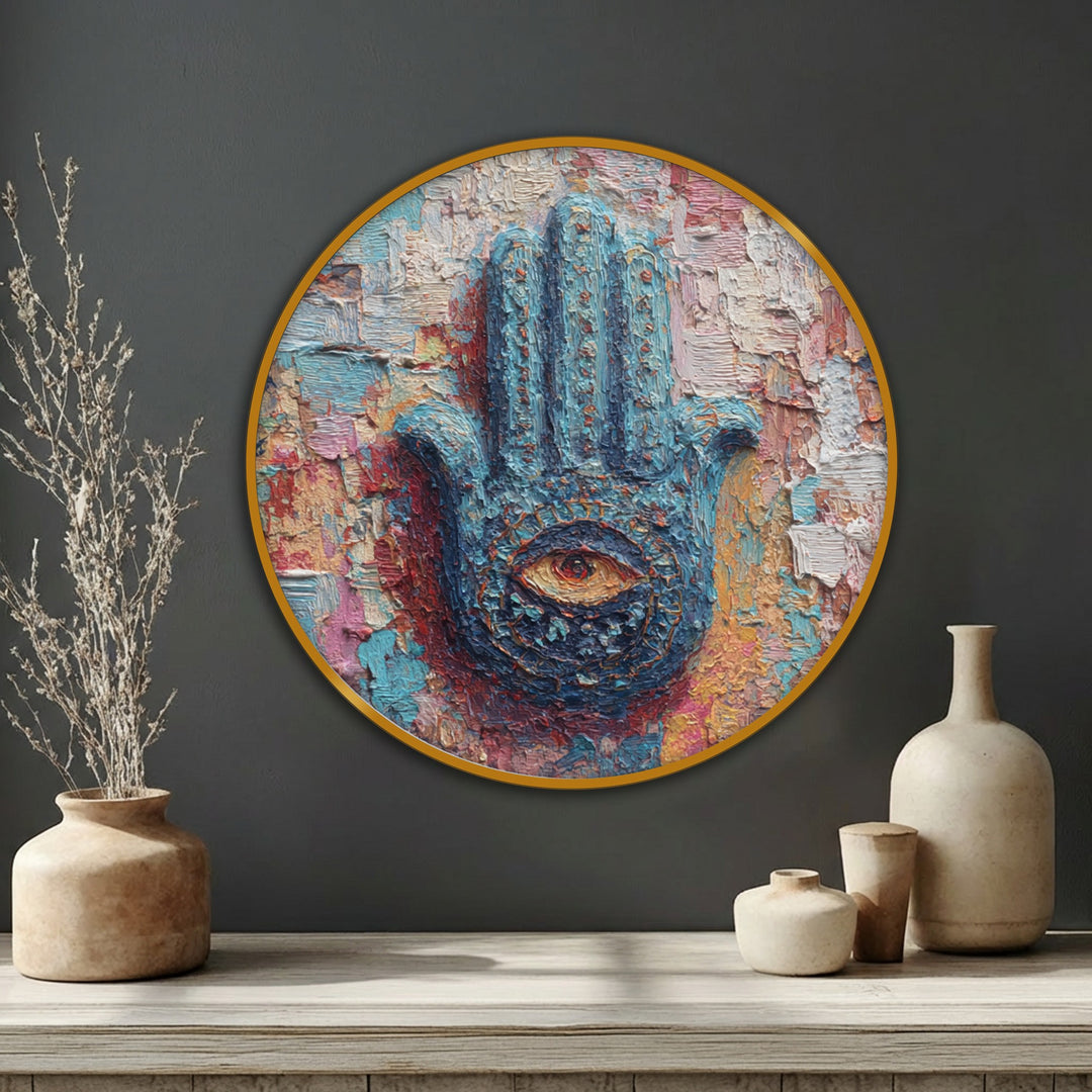 Subtle light and shadow accentuate the details of this mystic hand with a spiritual eye, a premium canvas decor print lending depth to its colorful, round form.