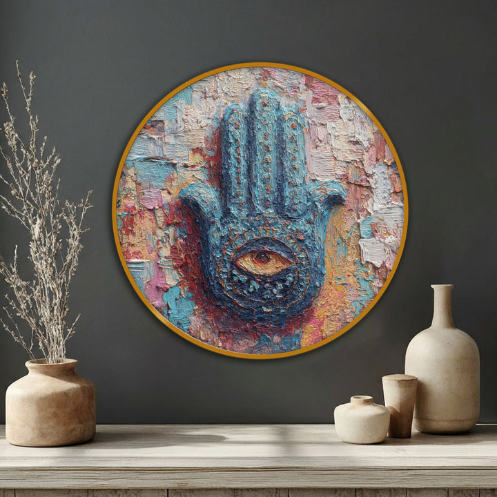 Subtle light and shadow accentuate the details of this mystic hand with a spiritual eye, a premium canvas decor print lending depth to its colorful, round form.