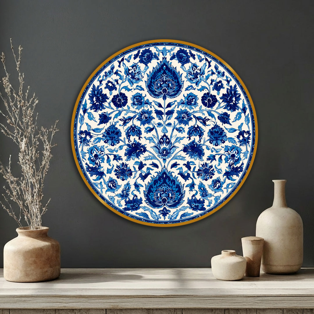 Horizontally oriented round framed canvas art displays a blue floral mandala design in a classic decorative style.