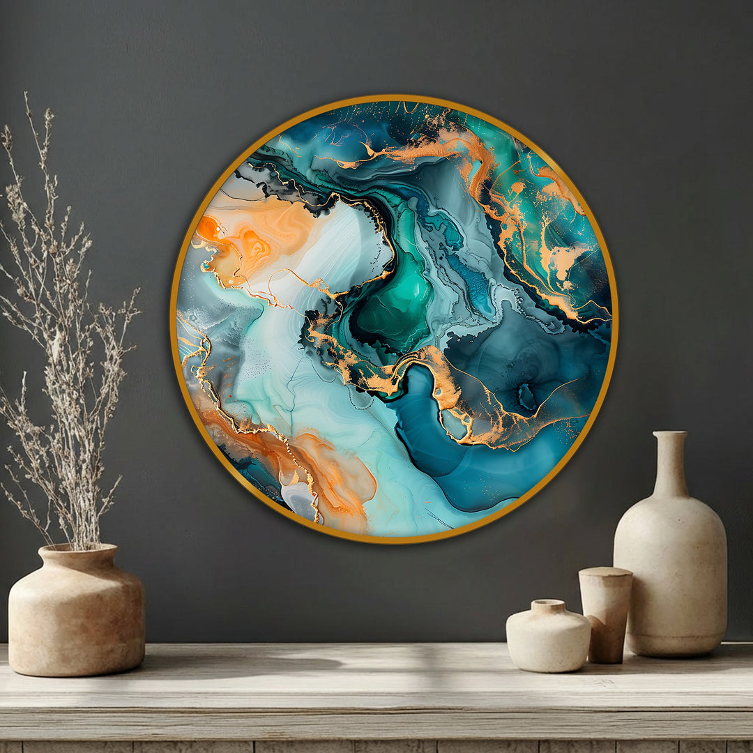 Horizontally oriented, round canvas art prints of an emerald flow abstract canvas, featuring teal and gold accents in a modern wall art design.