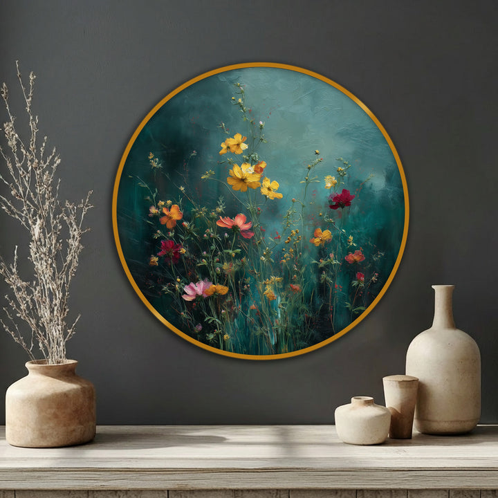 Bold color contrast makes the meadow blooms pop in this floral canvas wall art print, showcasing a beautiful wildflower scene.