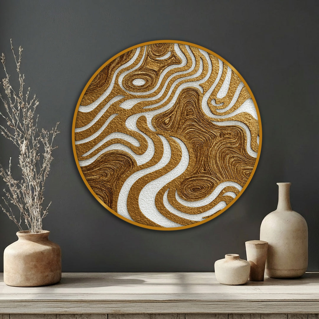 Organic contours in this golden textured abstract wall art evoke the beauty of flowing canvas artwork, creating a captivating, circular centerpiece.