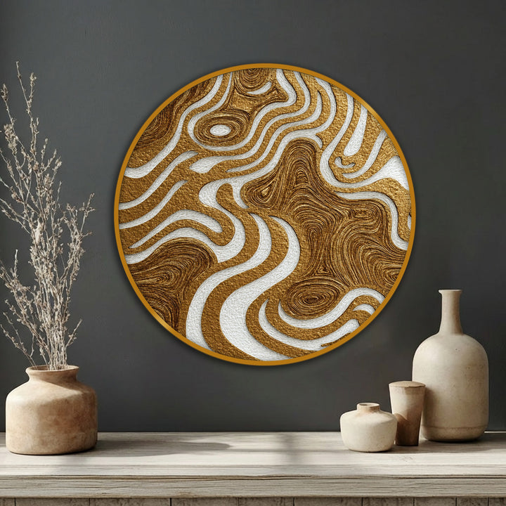 Organic contours in this golden textured abstract wall art evoke the beauty of flowing canvas artwork, creating a captivating, circular centerpiece.