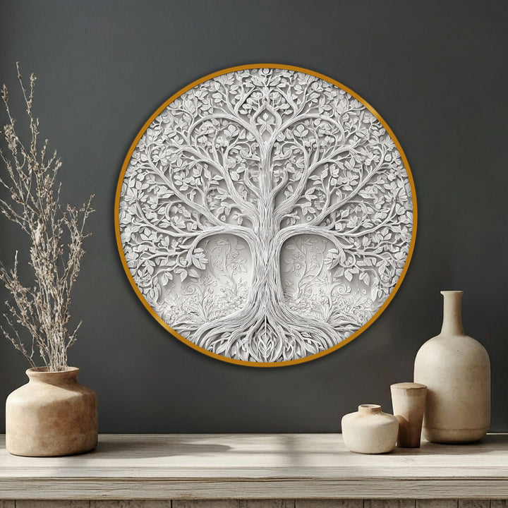 Negative space highlights the botanical details of the elegant tree of life relief round canvas print, enhancing the overall depth of the canvas wall art design.