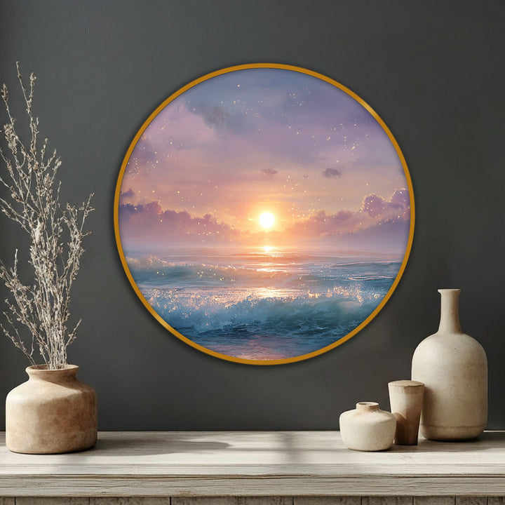 Framed by a golden edge, this round canvas art prints showcases a dreamlike sunset and sparkling ocean in a magical seascape.