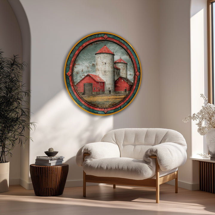 The cloud-like, fluffy texture of the white armchair is the softest element in a cozy scene featuring rustic red barn and silos landscape canvas art prints.