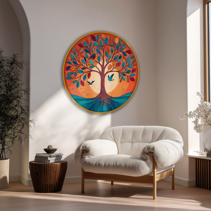 The stillness of the room is captured by the vibrant Tree of Life round framed canvas art, showcasing colorful leaves and birds in a peaceful, symbolic nature scene.