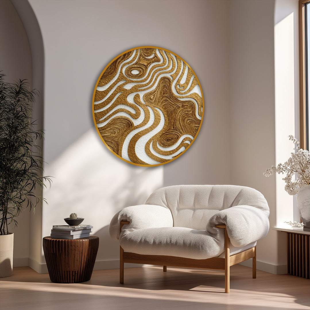 Alternating light and shadow accentuate the golden organic flow in this textured abstract round canvas artwork, creating depth and dimension in the canvas artwork.
