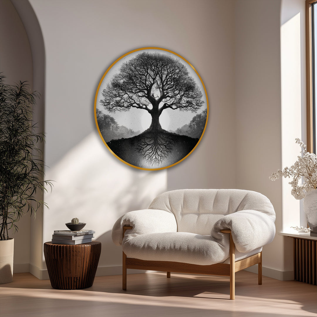 Evoking a serene mood, this round monochrome tree reflection canvas wall art showcases a black and white nature print, ideal for minimalist decor.