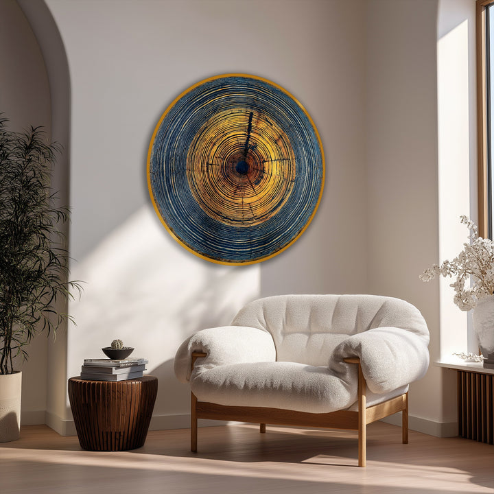 Displaying depth through concentric layers, this golden tree rings abstract round canvas print showcases high quality canvas prints of a wood slice.