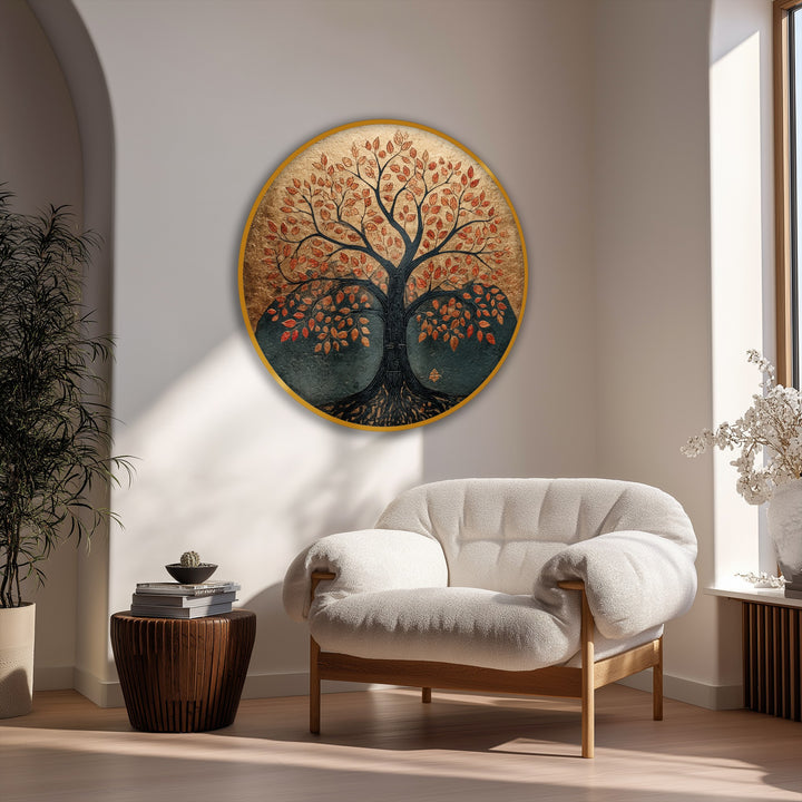 The round canvas print featuring the autumn tree of life is visually striking, especially as one of the big canvas prints with warm, rustic tones.