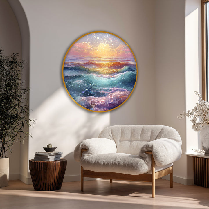 Calming canvas artwork evokes a serene mood with its radiant golden dream waves and gentle ocean sunset, bringing a peaceful aura to the room.