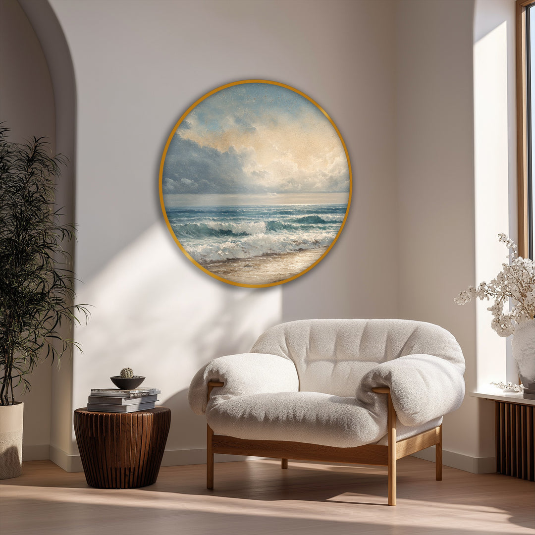 Darkest areas accentuate the coastal waves and sandy shore in this round canvas painting, a beautiful canvas print with classic seascape wall art.
