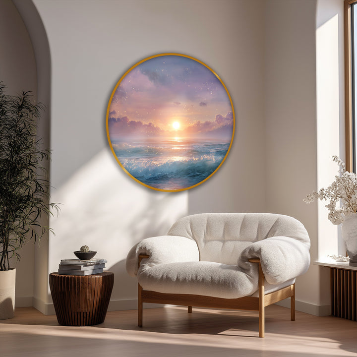 Swirling ocean waves and radiant sunset clouds evoke dynamic motion in this dreamlike round canvas painting, a magical seascape art piece.
