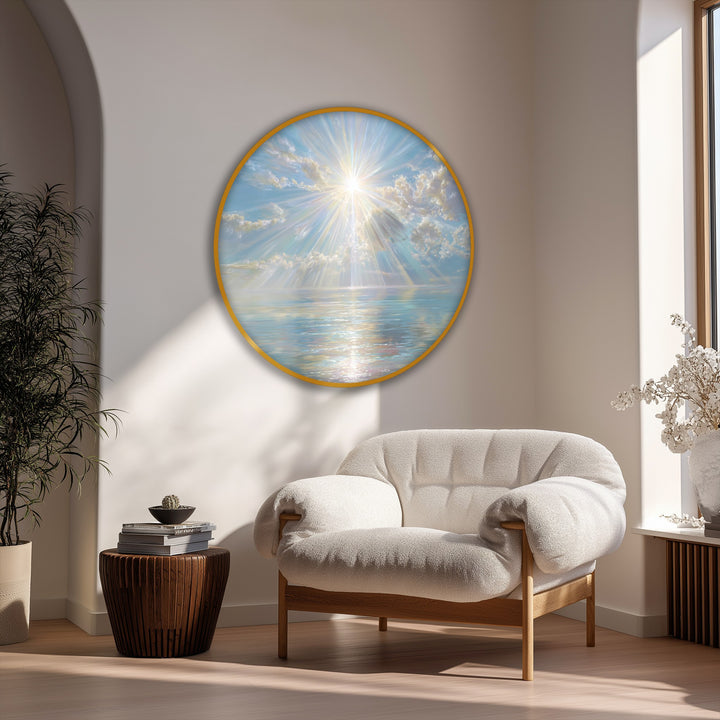 Radiating sun rays give a palpable sense of movement in this luminous ocean scene on a high quality canvas prints, drawing the eye across the calm sea and sky.