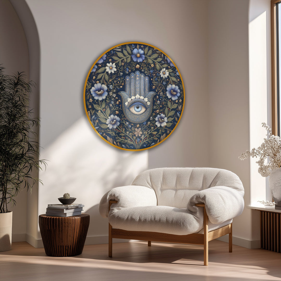 Hamsa eye design takes center stage in this round floral canvas wall art, making it a spiritual and elegant canvas wall art addition to a boho home.
