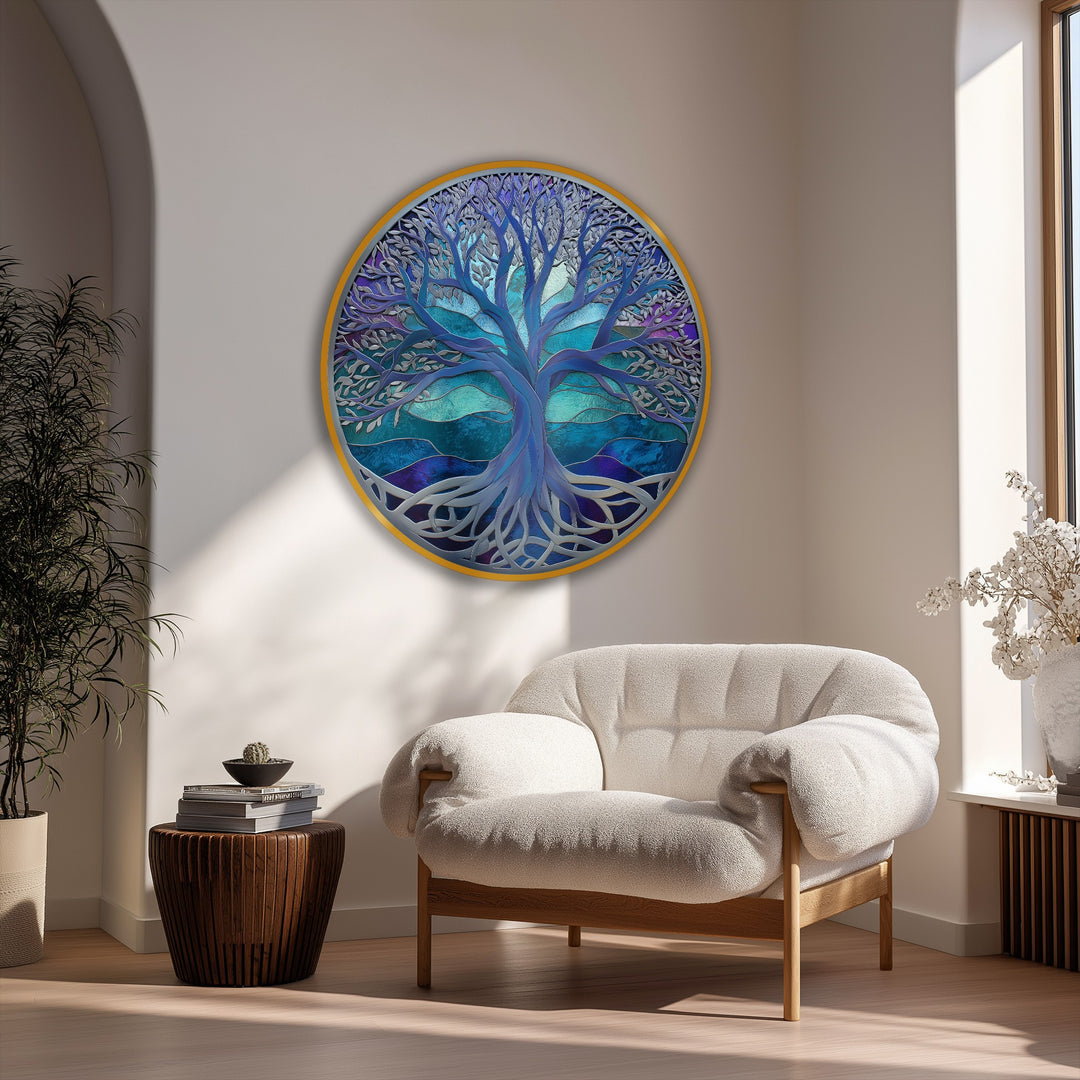 Textured canvas art prints showcase the mystic blue tree of life round canvas print's intricate surface, adding depth to this abstract nature wall art.