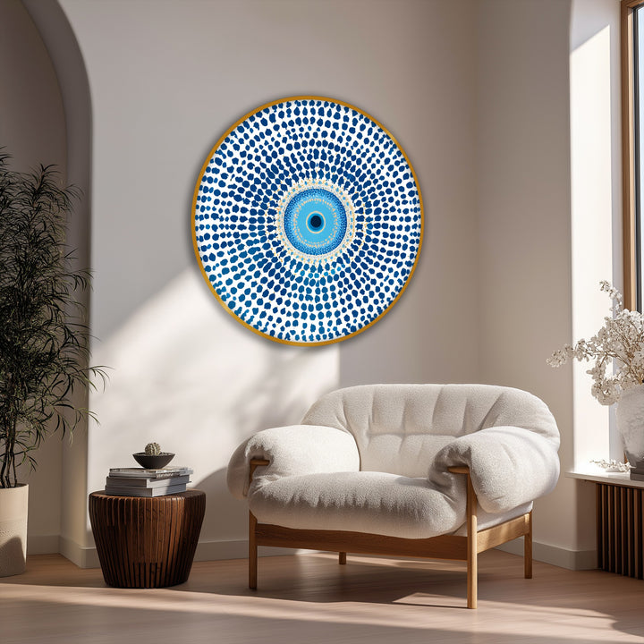 Gradual transitions in the circular canvas painting accentuate the layered blues and whites of this round blue evil eye mandala print's protective design.