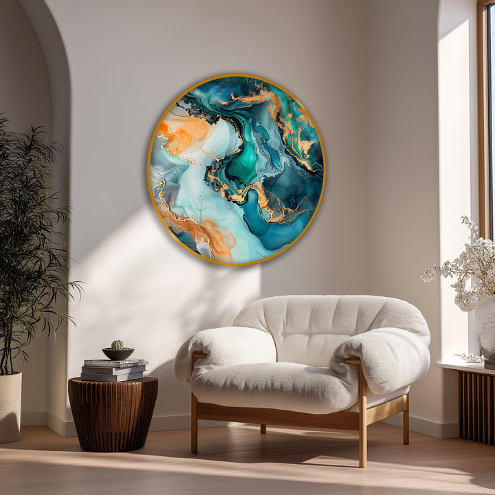 Stillness encapsulates the emerald flow abstract round canvas art, a teal and gold canvas art print, infusing a modern wall with calm.