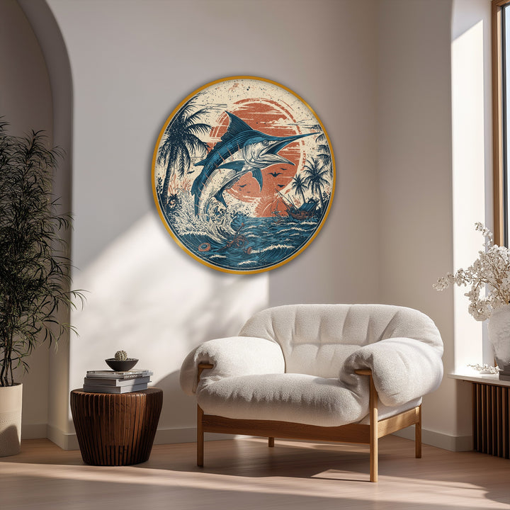 Dominated by navy and orange hues, the framed canvas showcases a vintage marlin ocean scene round canvas print, radiating a coastal retro vibe.