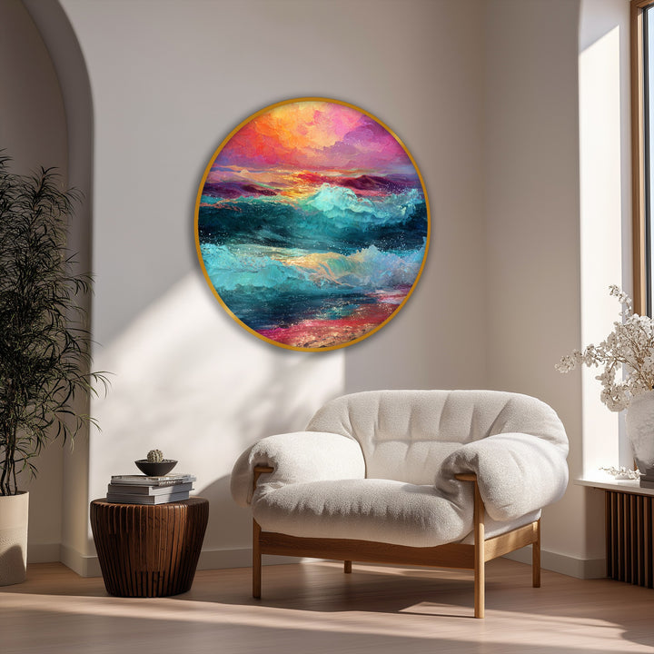Crashing waves convey energetic motion in this vivid sunset waves round canvas print, adding a dynamic sense to any canvas wall decor arrangement.